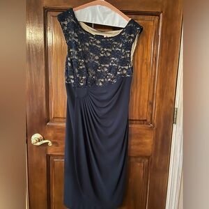 Dress, wedding Guest, Navy Blue with Lace and neutral under.